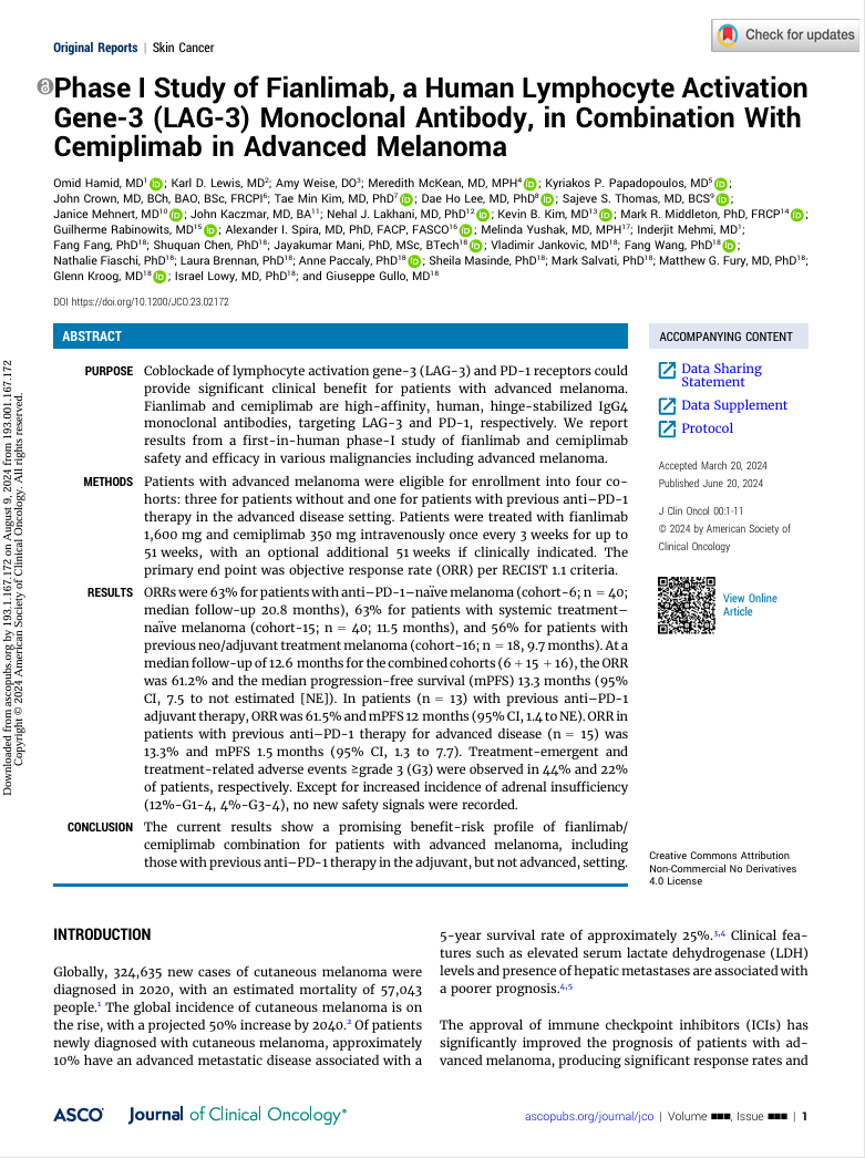 The first page of the journal article titled 'PhaseIStudy of Fianlimab, a Human'